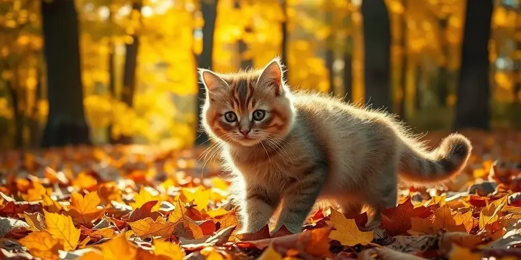 秋の落ち葉をイメージした遊びを楽しむ猫