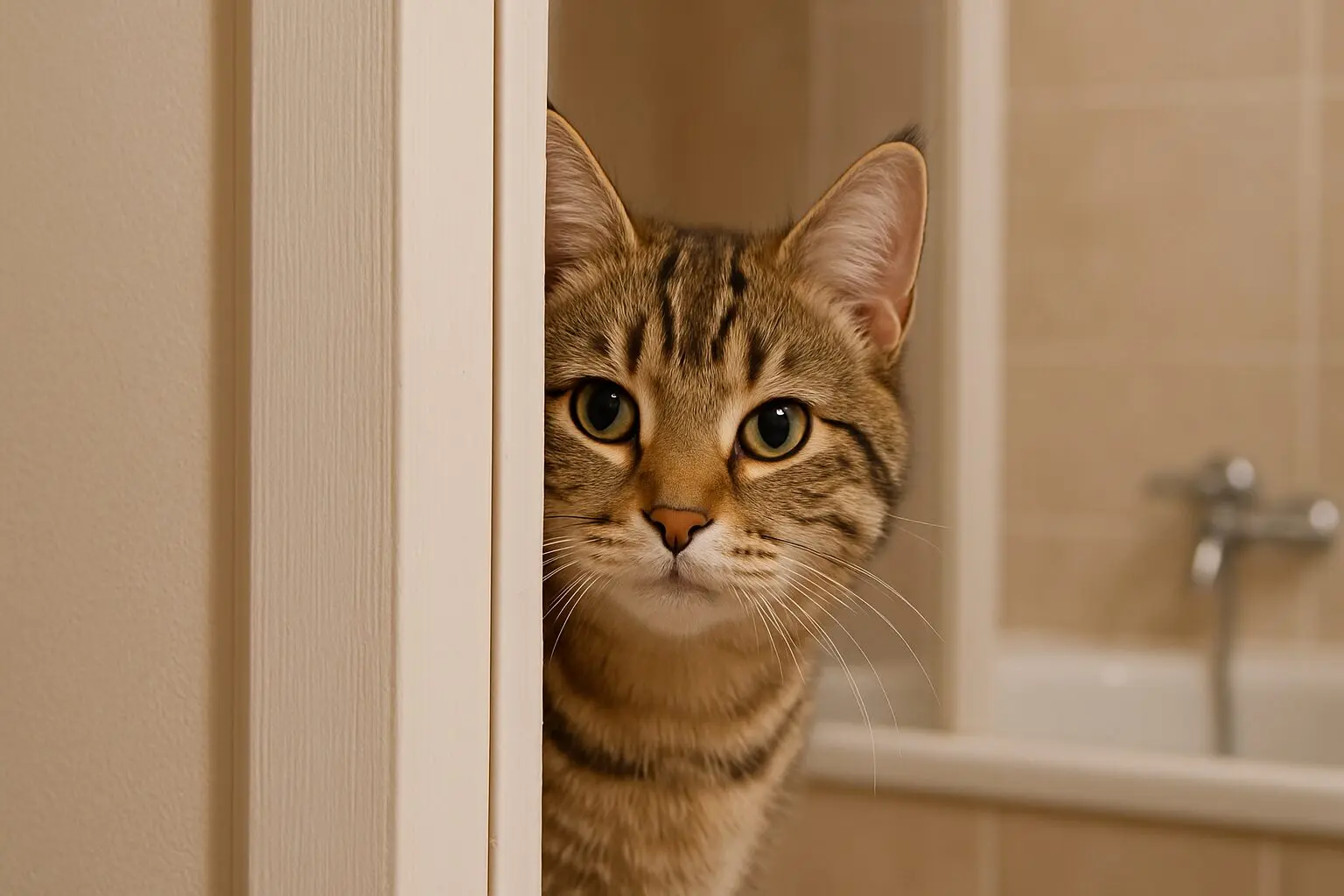 お風呂場についてくる猫の写真 - 浴室の入り口で飼い主を見つめる猫