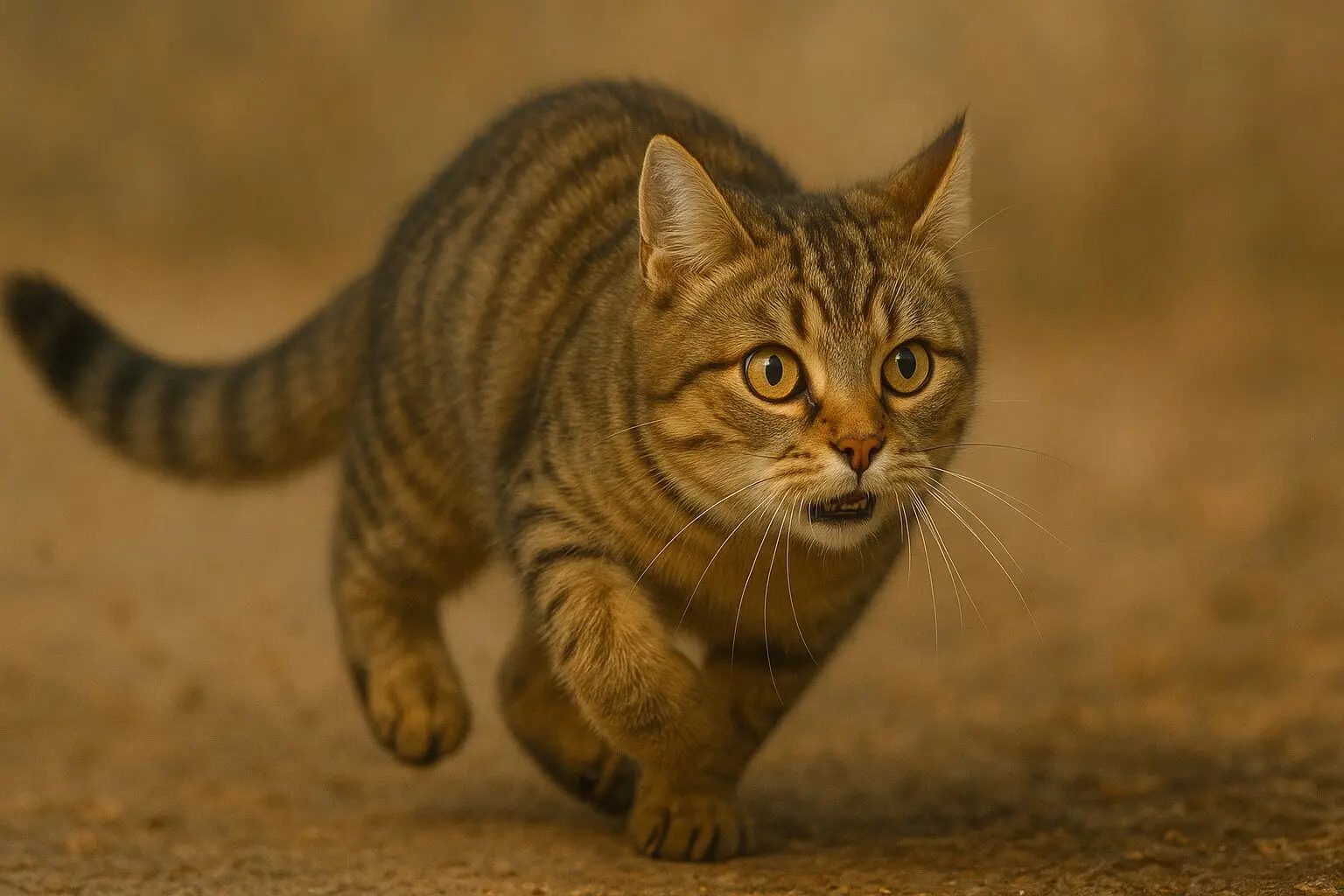 全力疾走する猫の写真 - 家の中を勢いよく駆け抜ける猫の動作