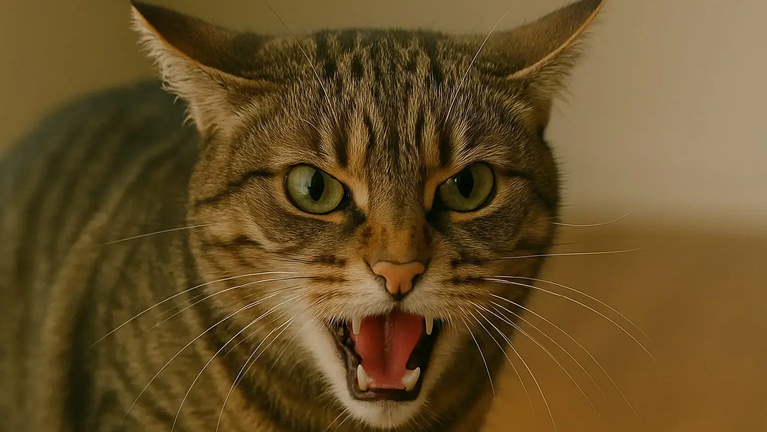 威嚇音を出しながら警戒している猫の緊張した表情