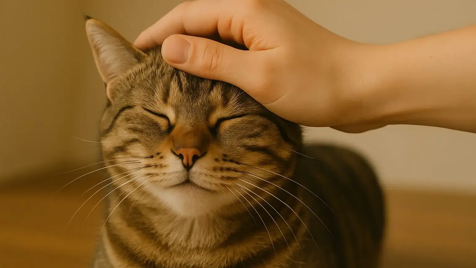 リラックスして目を細めながらゴロゴロと喉を鳴らす猫