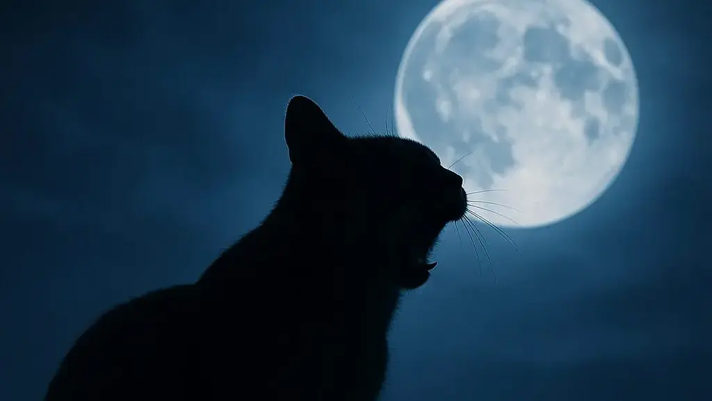 月夜に鳴き声を上げる猫のシルエット