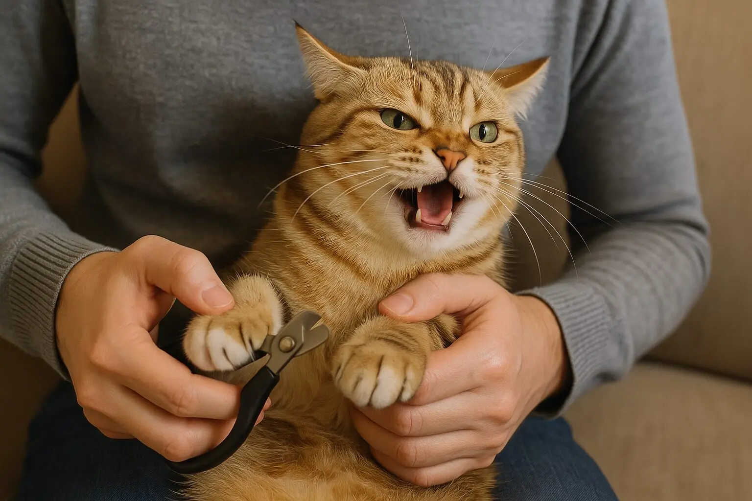 爪を切られそうになっている猫