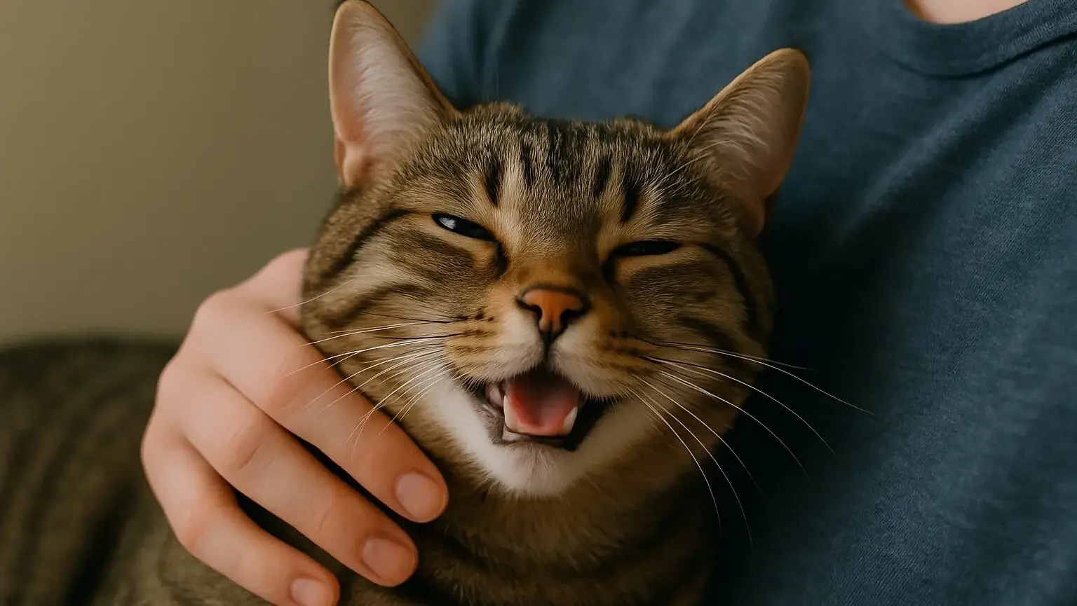 飼い主に甘えながらトリル音を出す猫の愛らしい表情