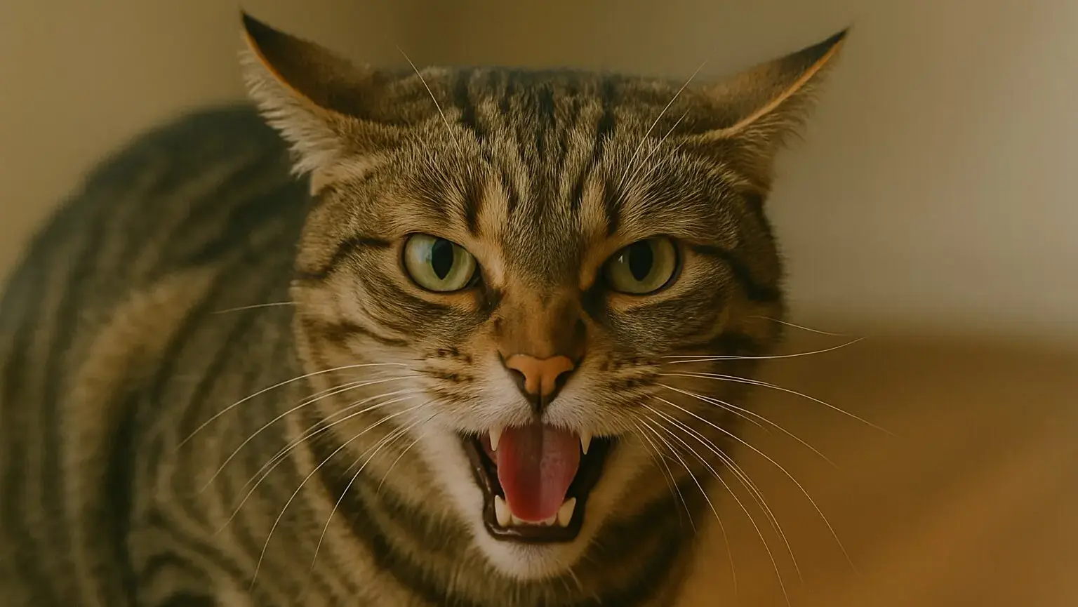 長く鳴いて要求を表現する猫のやや興奮した表情
