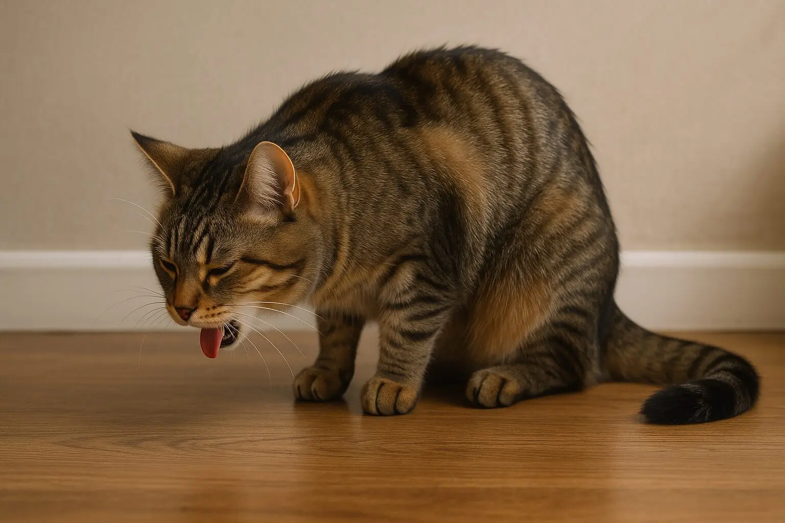 毛玉を吐く前の猫の写真 - 特徴的な姿勢をとる猫の様子