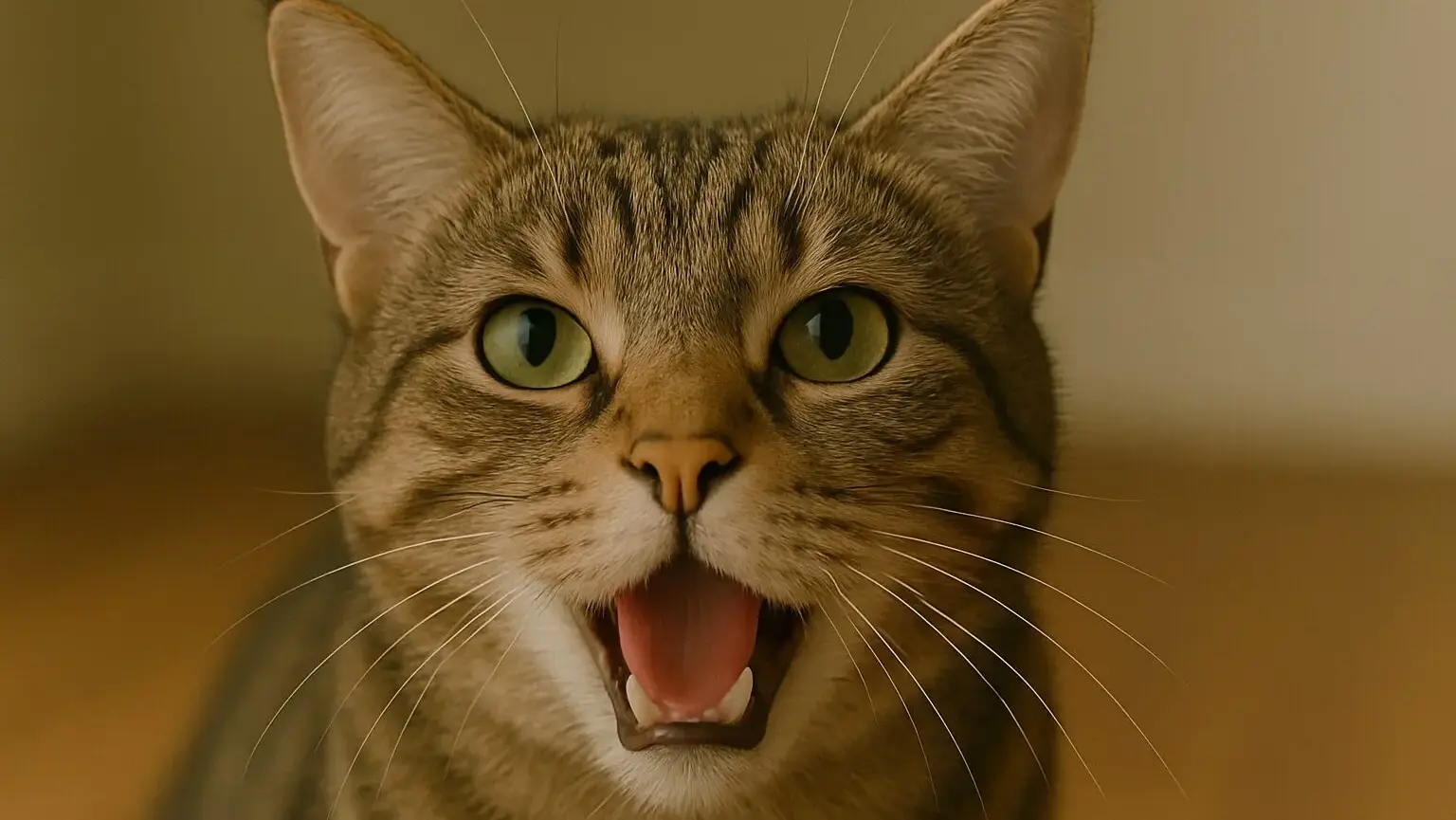 口を開けてサイレント鳴きをする猫の愛らしい表情のクローズアップ