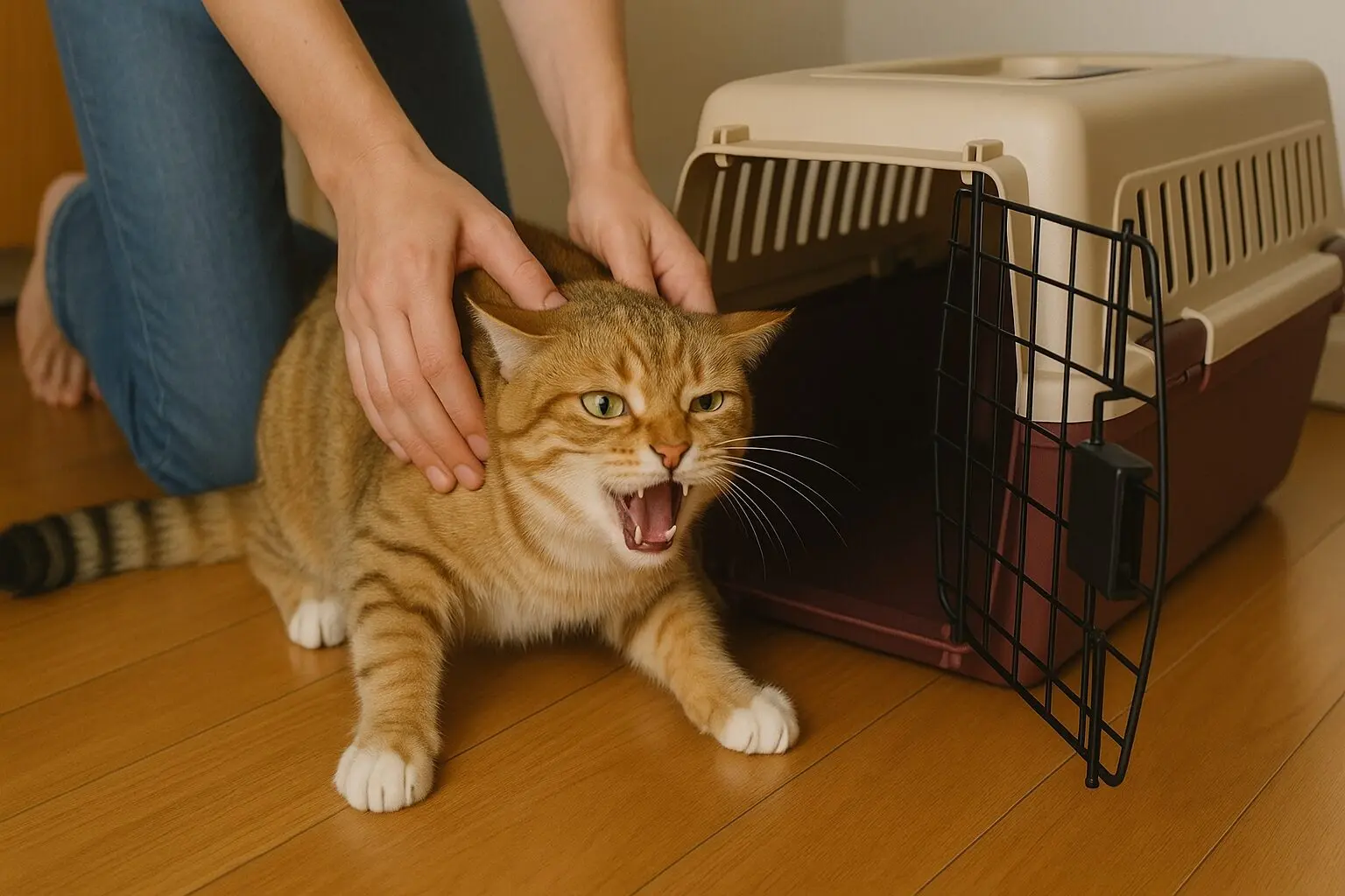 キャリーに入れられそうになっている猫