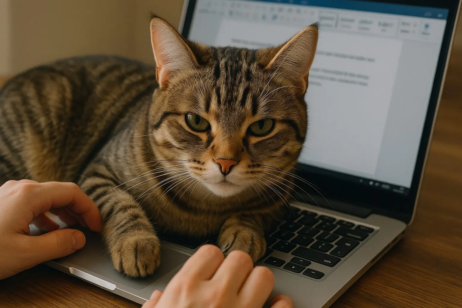 PC作業を邪魔する猫の写真 - キーボードの上に座り込む猫