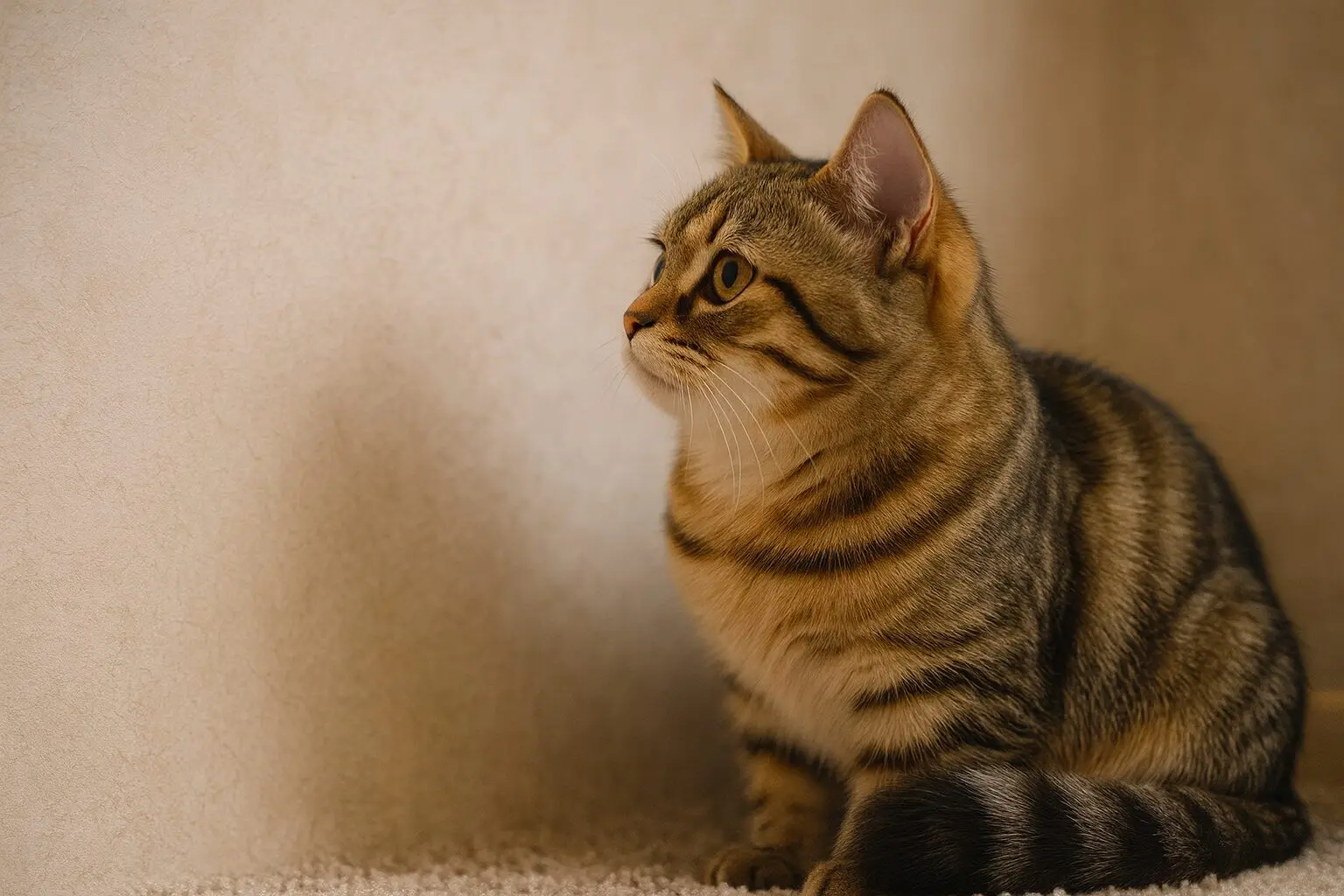 壁を見つめる猫の写真 - 集中した表情で何もない壁を見つめている猫
