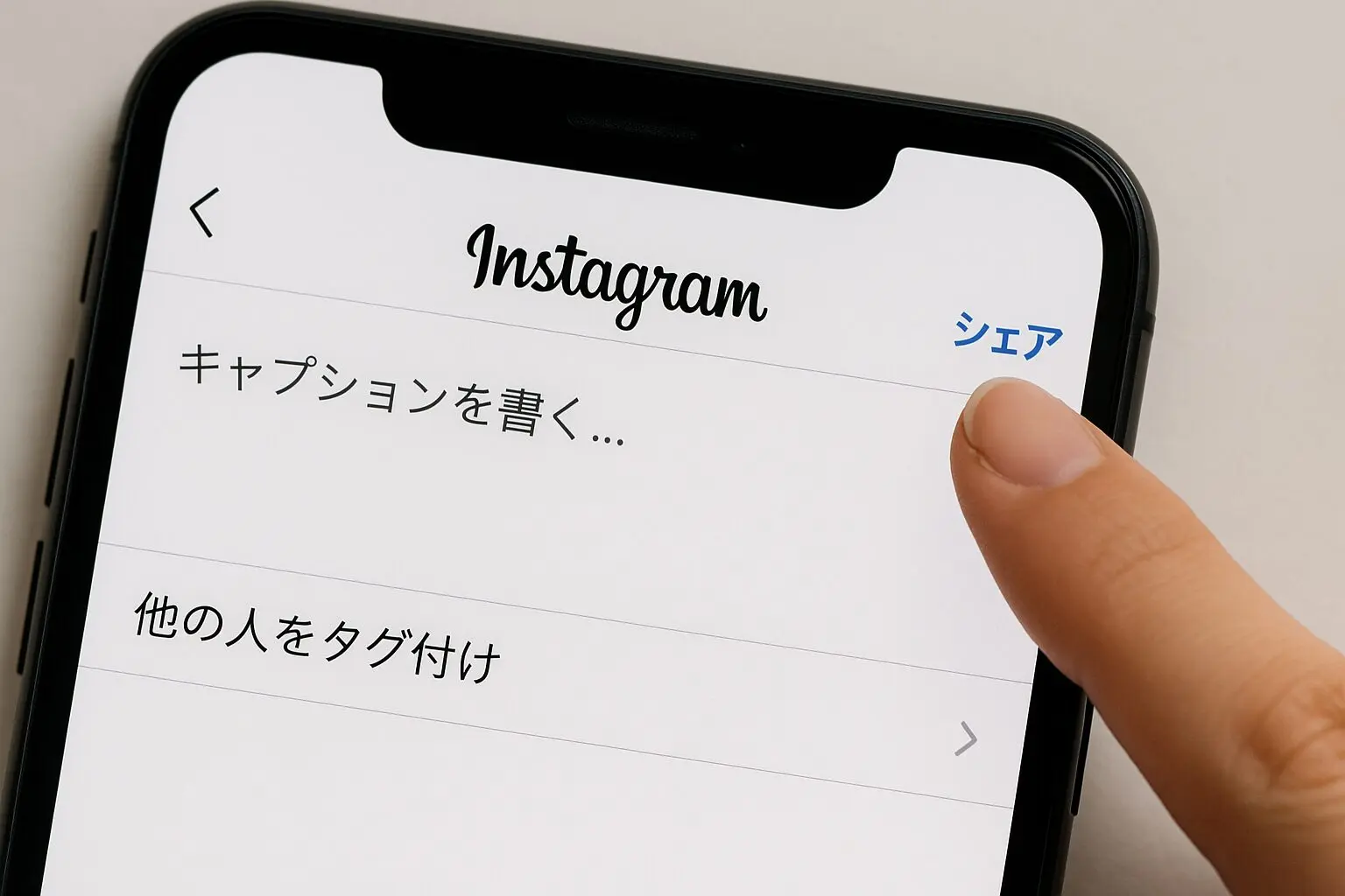 投稿作成画面の右上にある「シェア」ボタンを指している画像