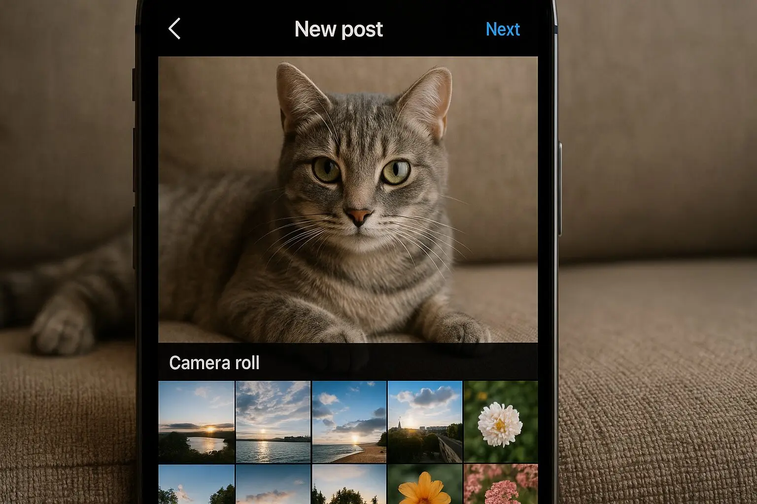 カメラロールから猫の写真を選択している画面