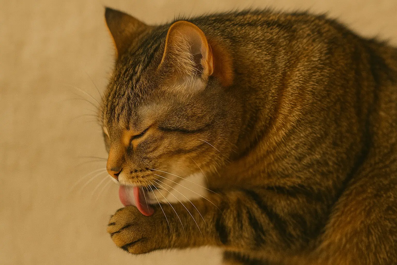 集中して毛繕いをしている猫の横顔のクローズアップ
