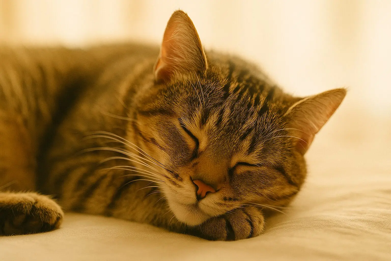 柔らかな光に包まれて眠る猫の癒し系写真