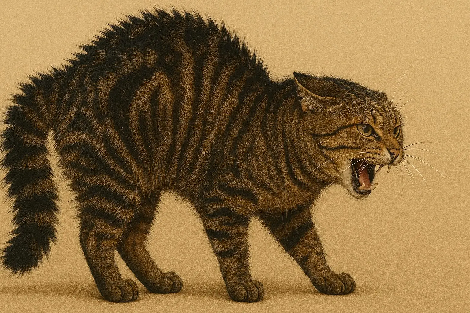 背中を丸めて毛を逆立てて威嚇する猫の側面図