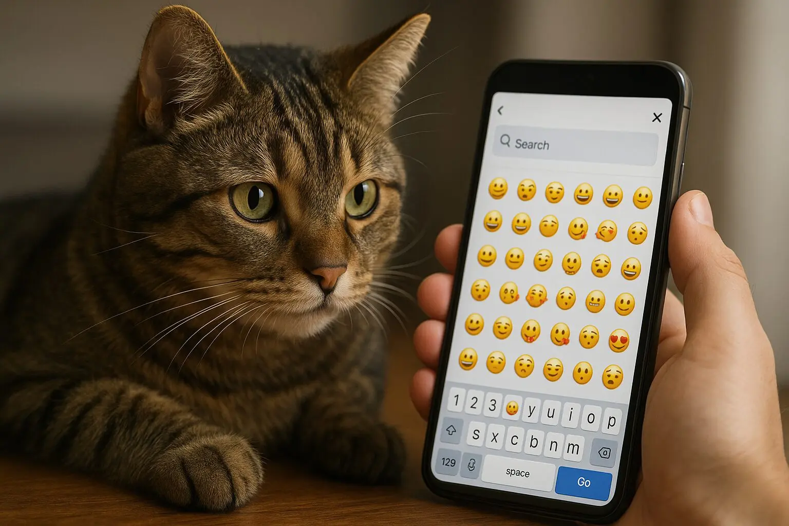  スマートフォンのキーボードで絵文字を選択している画面