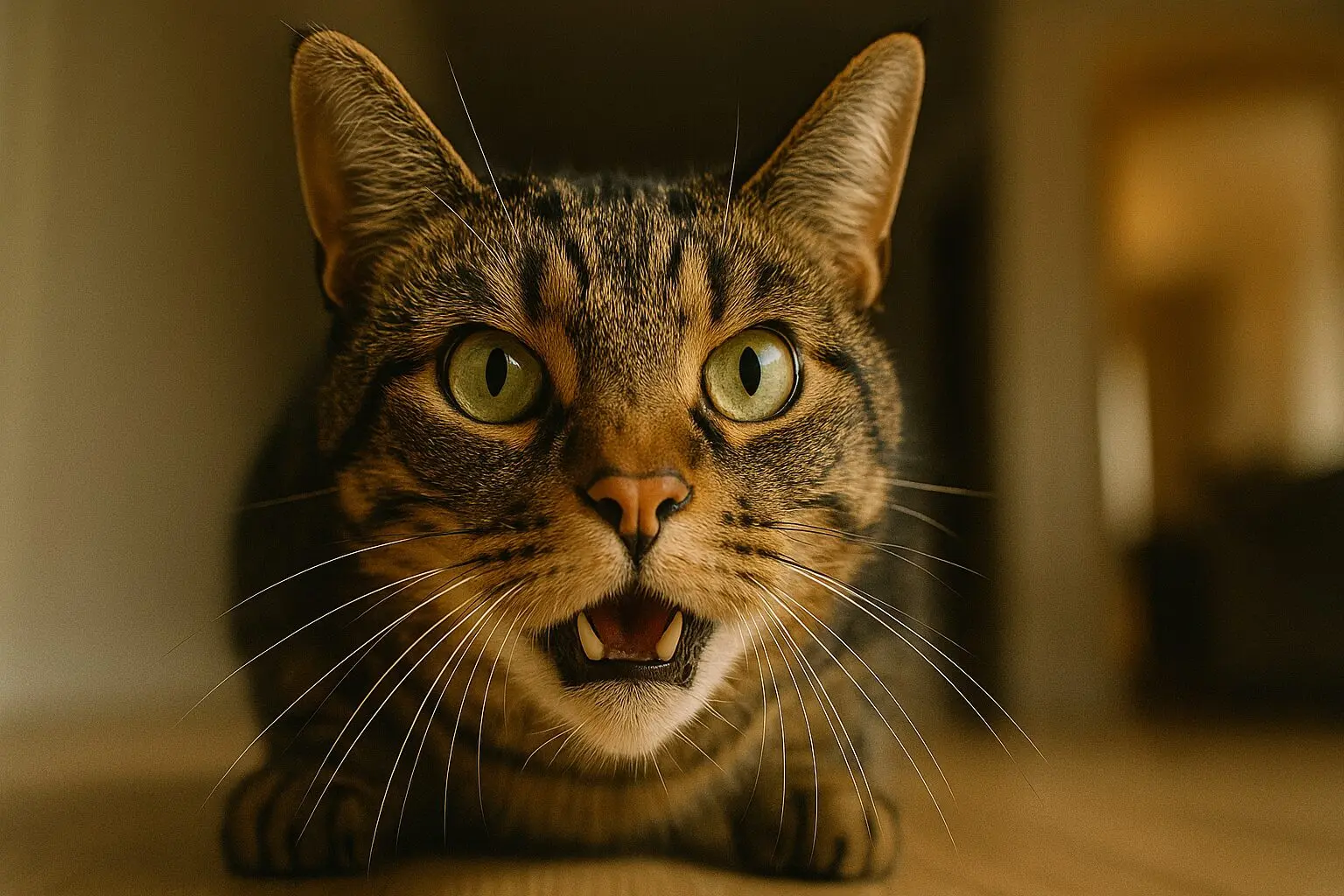 ローアングルで撮影された猫の迫力ある表情の写真