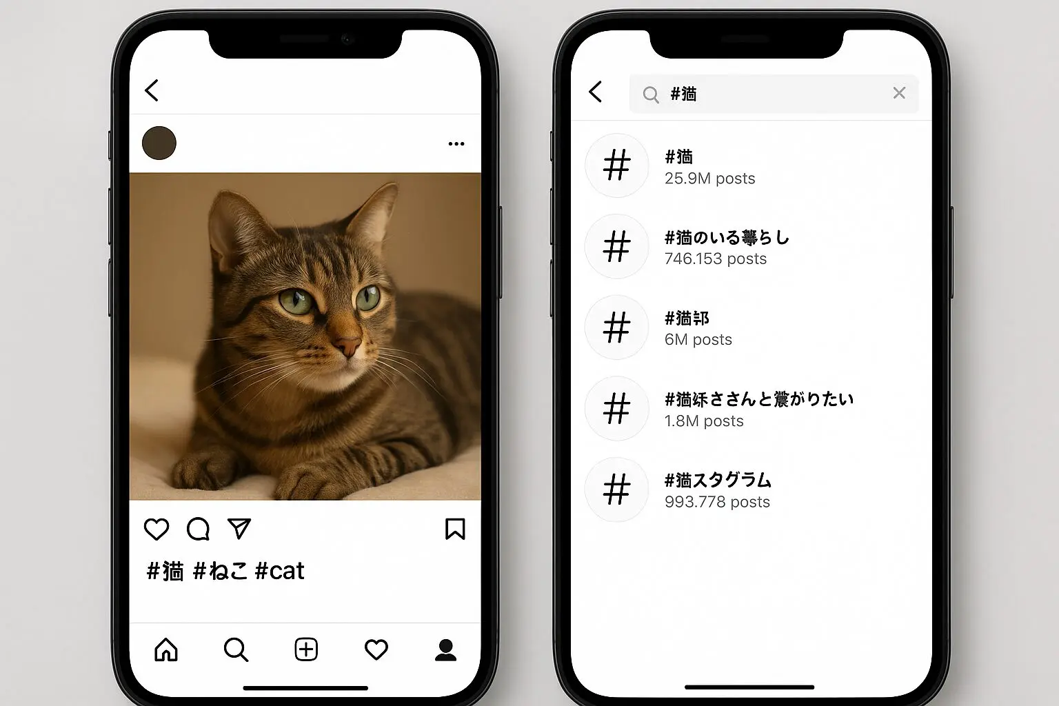 ハッシュタグが投稿に付けられている様子と検索結果画面