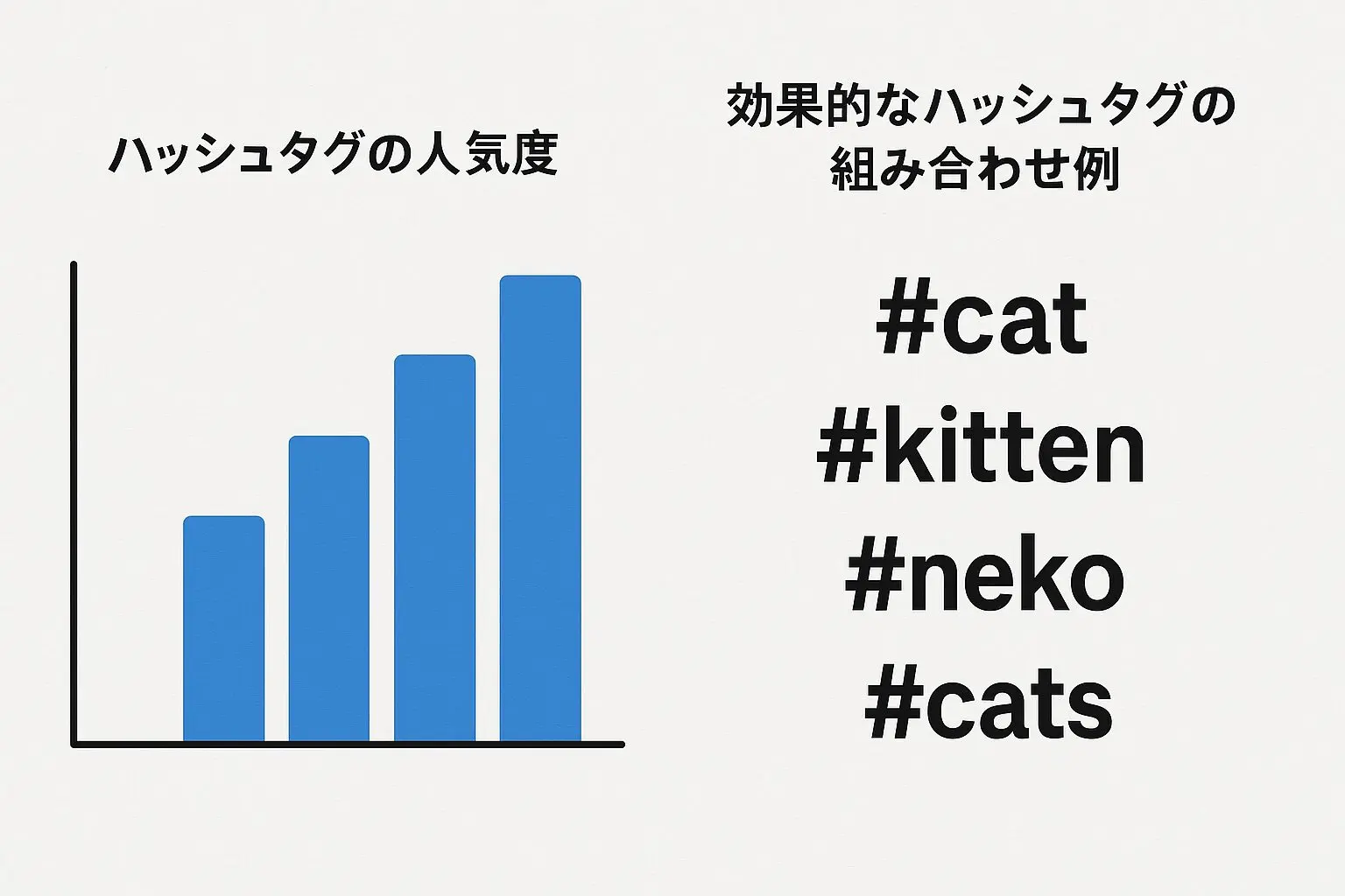 ハッシュタグの人気度を示すグラフや、効果的なハッシュタグの組み合わせ例
