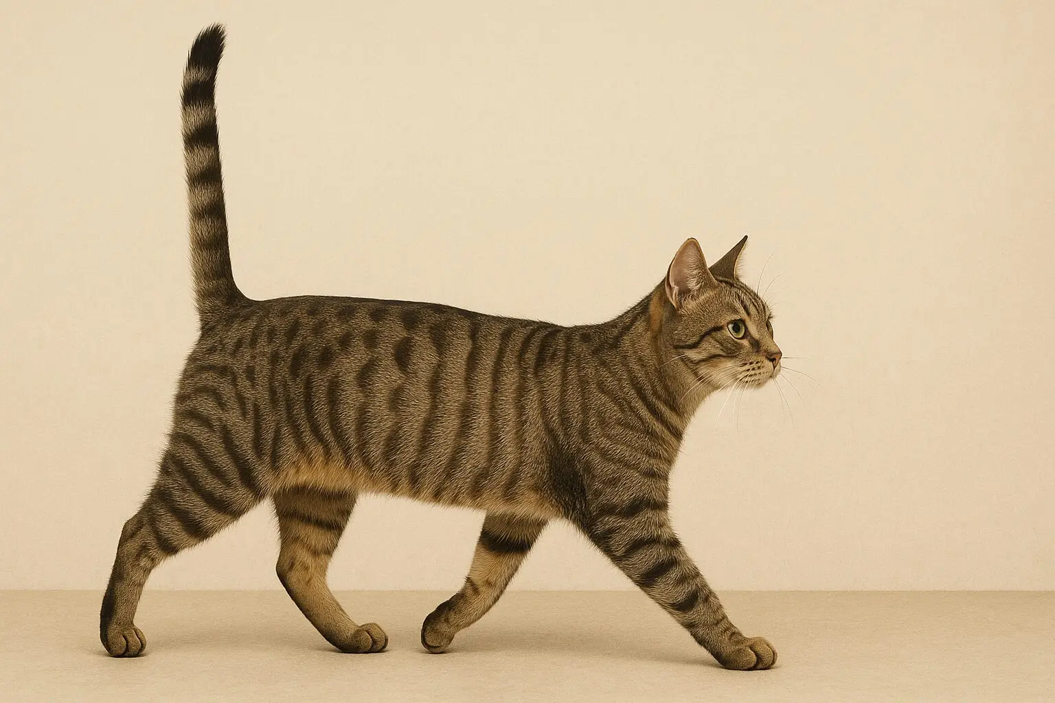 尻尾をまっすぐ立てて歩く猫の横からの全身像