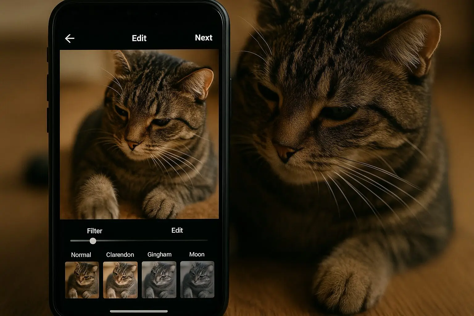 写真編集画面でフィルターや明るさを調整している様子