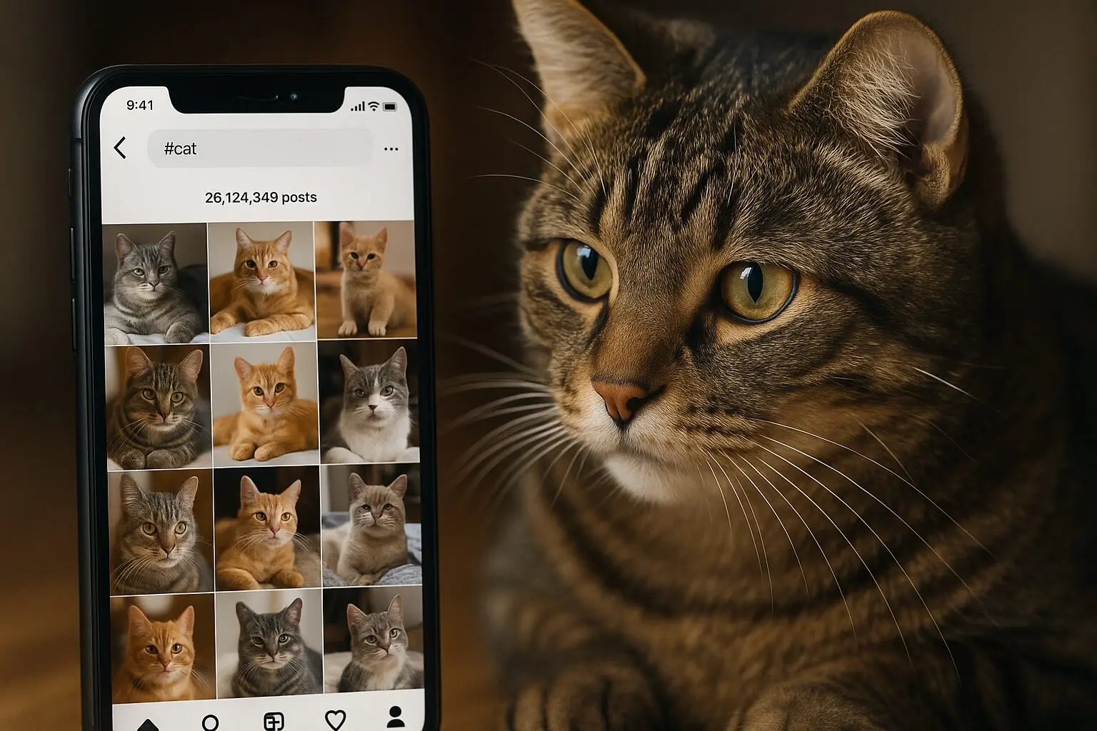 ハッシュタグ検索で猫の投稿がたくさん表示されている画面