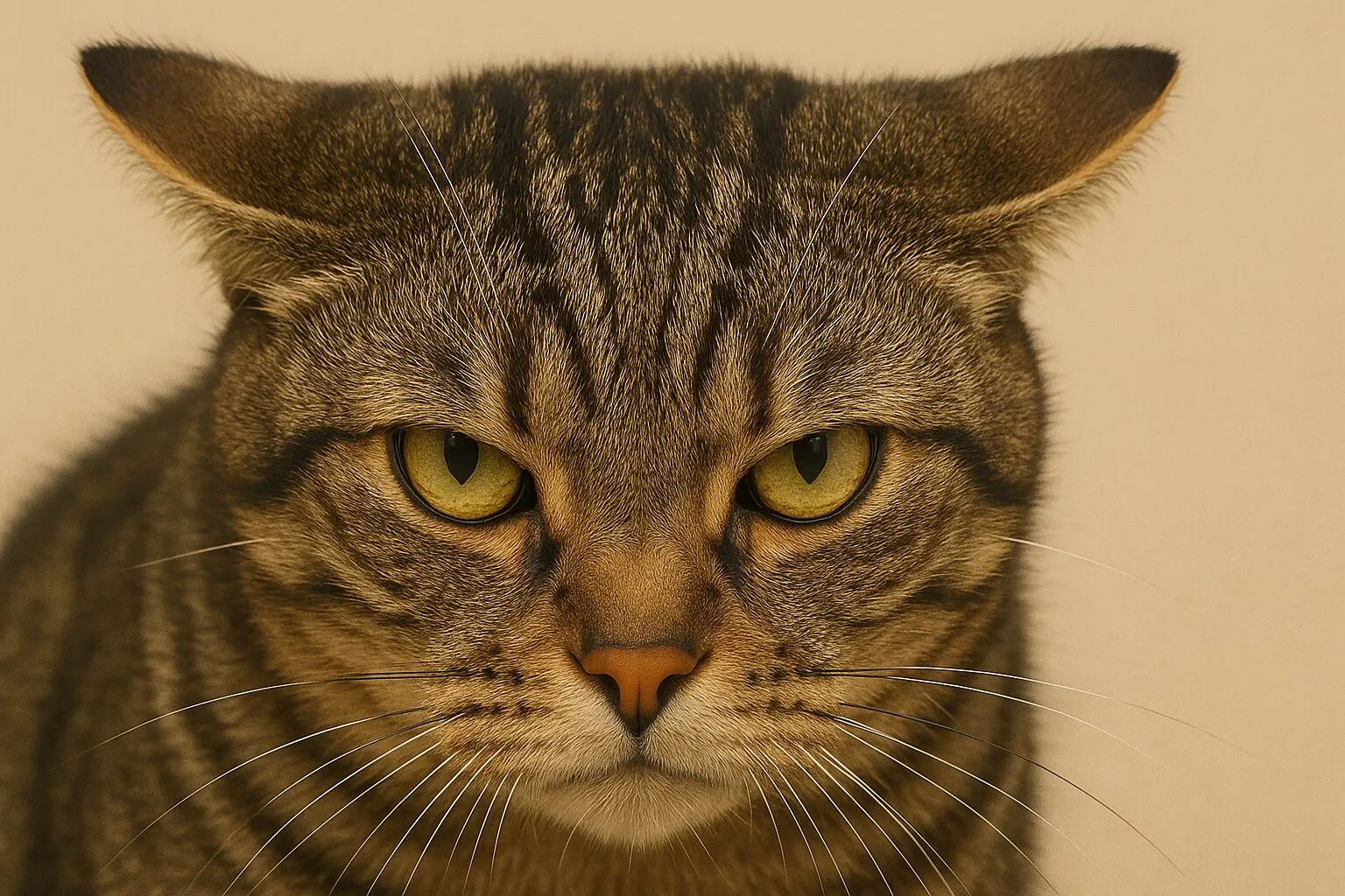 耳を後ろにぺたんと倒した警戒中の猫の顔のクローズアップ