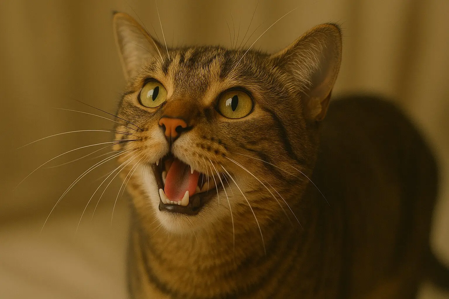 飼い主を見上げながら鳴いている猫の表情豊かな顔
