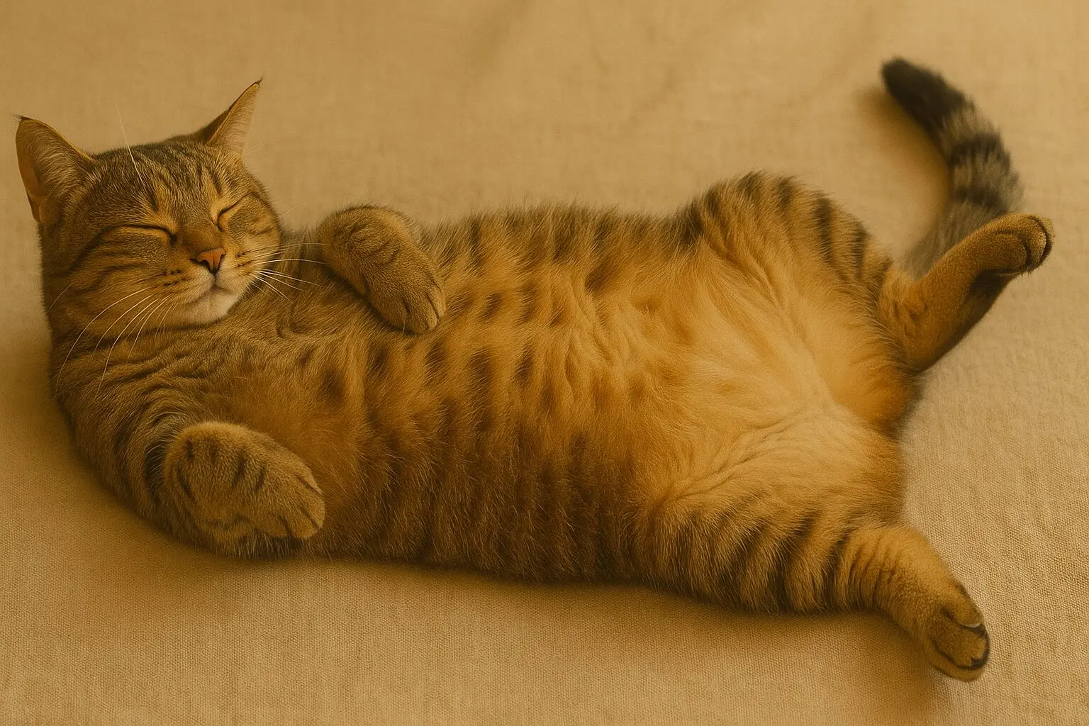 仰向けになってお腹を見せてリラックスしている猫の全身