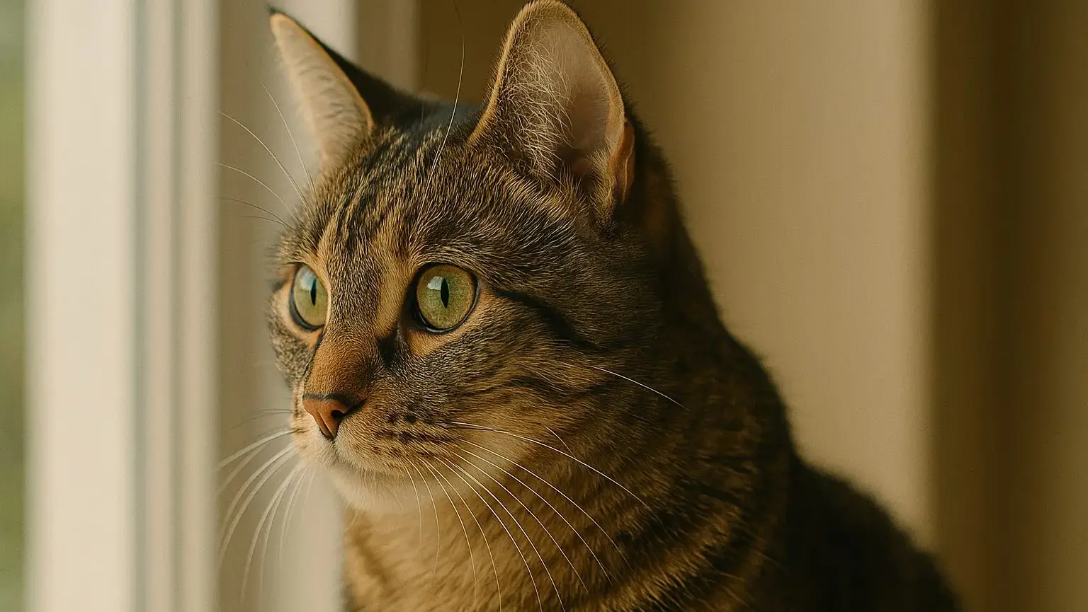 窓際の自然光で撮影された猫の美しいポートレート