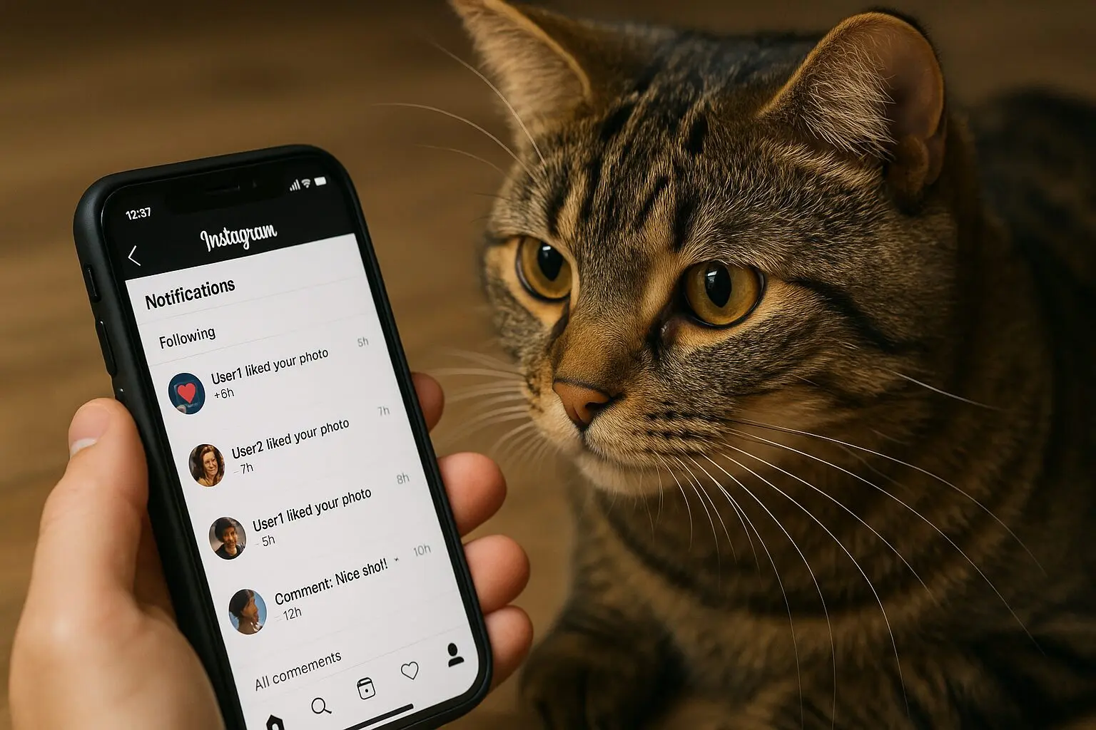 通知画面で「いいね」やコメントを確認している様子