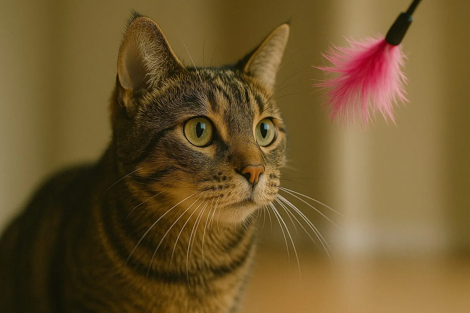 おもちゃに興味深そうに見つめる猫の表情